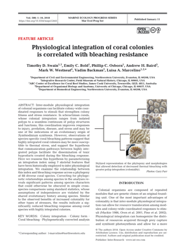 Physiological Integration of Coral Colonies Is Correlated with Bleaching Resistance