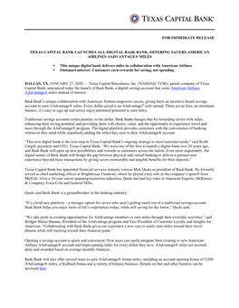 For Immediate Release Texas Capital Bank Launches