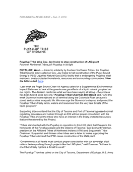 FOR IMMEDIATE RELEASE – Feb. 2, 2018 Puyallup Tribe Asks Gov. Jay