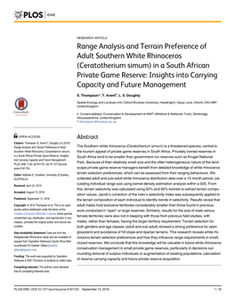 Range Analysis and Terrain Preference of Adult Southern White Rhinoceros (Ceratotherium Simum) in a South African Private Game R