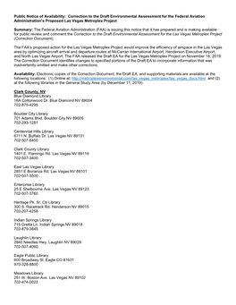 Correction to the Draft Environmental Assessment for the Federal Aviation Administration’S Proposed Las Vegas Metroplex Project