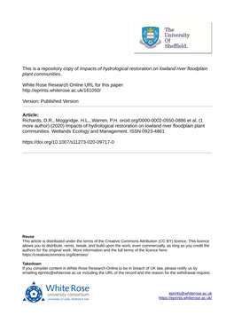 Impacts of Hydrological Restoration on Lowland River Floodplain Plant Communities