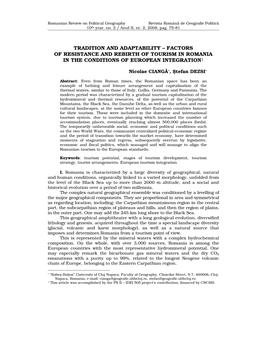 Tradition and Adaptability – Factors of Resistance and Rebirth of Tourism in Romania in the Conditions of European Integration 1