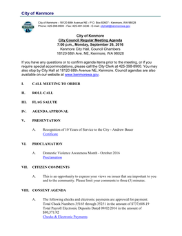 City Council Regular Meeting Agenda 7:00 P.M., Monday, September 26, 2016 Kenmore City Hall, Council Chambers 18120 68Th Ave