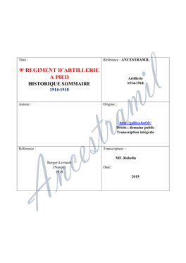 9E REGIMENT D'artillerie a PIED