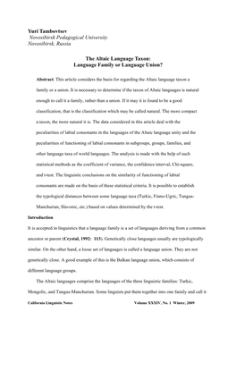 The Altaic Language Taxon: Language Family Or Language Union?