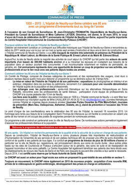 COMMUNIQUÉ DE PRESSE 1935 – 2015 : L'hôpital De Neuilly-Sur-Seine Célèbre Ses 80 Ans Avec Un Programme D'événements