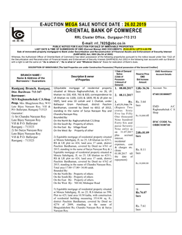 ORIENTAL BANK of COMMERCE RRL Cluster Office, Durgapur-713 213