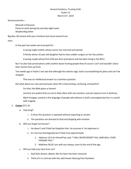 Honest Emotions, Trusting Faith Psalm 13 March 31St, 2019