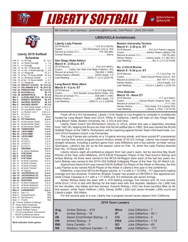 Liberty Softball Game Notes @Libertyflames @Libertysb LIBERTY SOFTBALL SB Contact: Joe Carmany - Jacarmany@Liberty.Edu; Cell Phone - (434) 534-4325