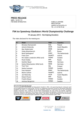 PRESS RELEASE FIM Ice Speedway Gladiators World Championship