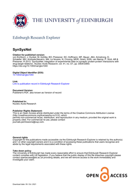 Synsysnet: Integration of Experimental Data on Synaptic Protein–Protein Interactions with Drug-Target Relations Joachim Von Eichborn1, Mathias Dunkel1, Bjo¨ Rn O