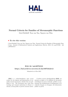 Normal Criteria for Families of Meromorphic Functions Gerd Dethloff, Tran Van Tan, Nguyen Van Thin