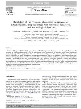 Resolution of the Hylobates Phylogeny: Congruence of Mitochondrial D-Loop Sequences with Molecular, Behavioral, and Morphological Data Sets