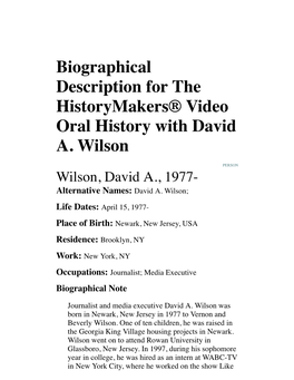 Biographical Description for the Historymakers® Video Oral History with David A