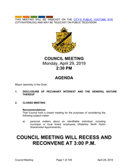 Council Meeting Will Recess and Reconvene at 3:00 P.M