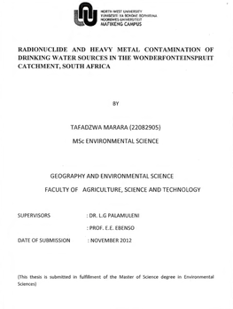 Radionuclide and Heavy Metal Contamination of Drinking Water Sources in the Wonderfonteinspruit Catchment, South Africa