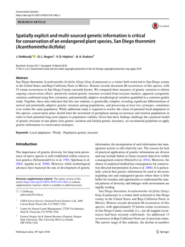 Spatially Explicit and Multi-Sourced Genetic Information Is Critical for Conservation of an Endangered Plant Species, San Diego Thornmint (Acanthomintha Ilicifolia)