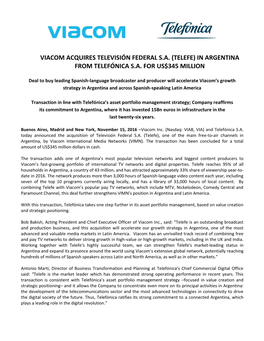 Viacom Acquires Televisión Federal S.A. (Telefe) in Argentina from Telefónica S.A. for Us$345 Million