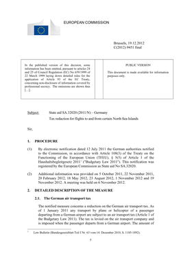 State Aid SA.32020 (2011/N) – Germany Tax Reduction for Flights to and from Certain North Sea Islands