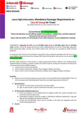 Mandatory Passenger Requirements on Lion Air Group Air Travel Last Updated September 01, 2021 | 08.00 WIT (GMT+ 09)