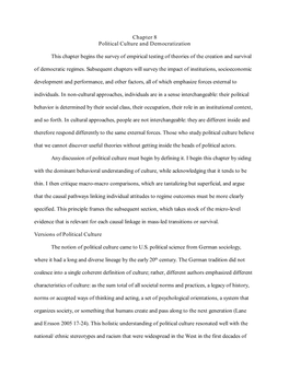 Chapter 8 Political Culture and Democratization This Chapter Begins the Survey of Empirical Testing of Theories of the Creation