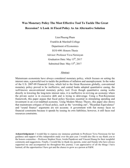 Was Monetary Policy the Most Effective Tool to Tackle the Great Recession? a Look at Fiscal Policy As an Alternative Solution