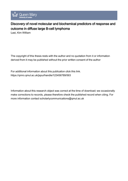 Discovery of Novel Molecular and Biochemical Predictors of Response and Outcome in Diffuse Large B-Cell Lymphoma Last, Kim William