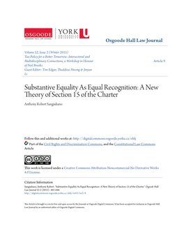 Substantive Equality As Equal Recognition: a New Theory of Section 15 of the Charter Anthony Robert Sangiuliano