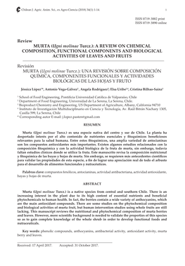 Review MURTA (Ugni Molinae Turcz.): a REVIEW on CHEMICAL COMPOSITION, FUNCTIONAL COMPONENTS and BIOLOGICAL ACTIVITIES of LEAVES and FRUITS