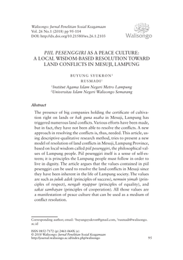 Piil Pesenggiri As a Peace Culture: a Local Wisdom-Based Resolution Toward Land Conflicts in Mesuji, Lampung