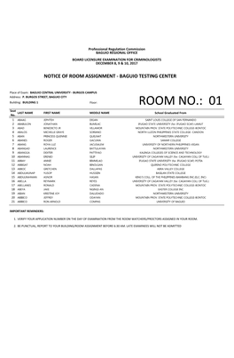 Baguio Regional Office Board Licensure Examination for Criminologists December 8, 9 & 10, 2017
