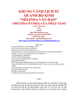 Khung Cảnh Lịch Sử Quanh Bộ Kinh “Milinda Vấn Đạo”