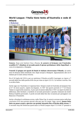 World League: L'italia Tiene Testa All'australia E Cede Di