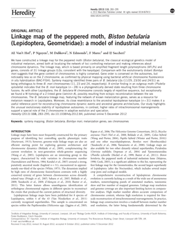 Linkage Map of the Peppered Moth, Biston Betularia (Lepidoptera, Geometridae): a Model of Industrial Melanism