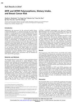 MTR and MTRR Polymorphisms, Dietary Intake, and Breast Cancer Risk