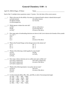 General Chemistry 1140 - A