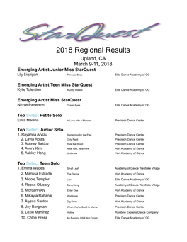 2018 Regional Results Upland, CA March 9-11, 2018 Emerging Artist Junior Miss Starquest Lily Liquigan Princess Boss Elite Dance Academy of OC