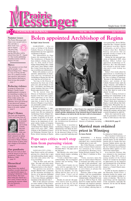 Bolen Appointed Archbishop of Regina the Prairie Messenger Pub - Lishes Every Second Week in by Kiply Lukan Yaworski Vicar-General Rev