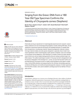 DNA from a 180 Year Old Type Specimen Confirms the Identity of Chrysoperla Carnea (Stephens)