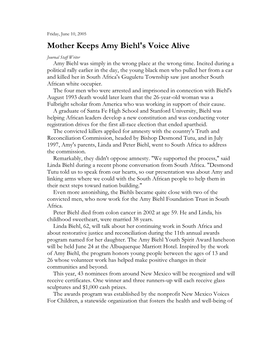 Mother Keeps Amy Biehl's Voice Alive