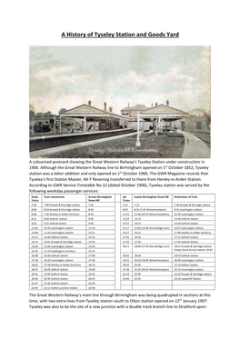 A History of Tyseley Station and Goods Yard