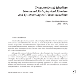 Transcendental Idealism Noumenal Metaphysical Monism and Epistemological Phenomenalism