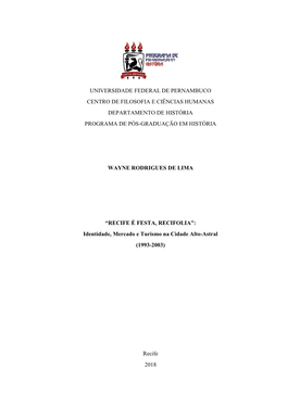 Universidade Federal De Pernambuco Centro De Filosofia E Ciências Humanas Departamento De História Programa De Pós-Graduação Em História