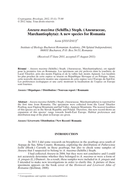 Aneura Maxima (Schiffn.) Steph. (Aneuraceae, Marchantiophyta): Anew Species for Romania