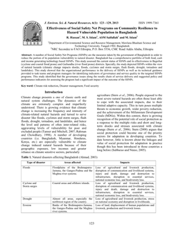 Effectiveness of Social Safety Net Programs on Community Resilience to Hazard Vulnerable Population in Bangladesh