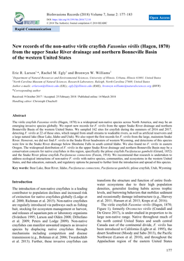 New Records of the Non-Native Virile Crayfish Faxonius Virilis