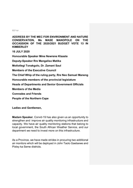 ADDRESS by the MEC for ENVIRONMENT and NATURE CONSERVATION, Ms MASE MANOPOLE on the OCCASSION of the 2020/2021 BUDGET VOTE 13 IN