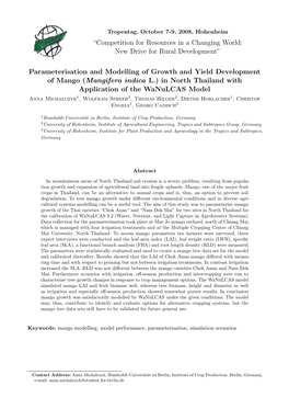 Parameterisation and Modelling of Growth and Yield Development Of