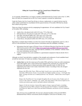 Filling the Vacated Richmond City Council Seat of Mindell Penn Tom Butt July 2, 2005